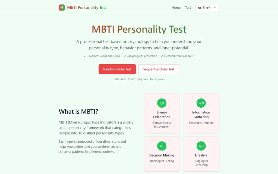 Screenshot of MBTI Personality Test